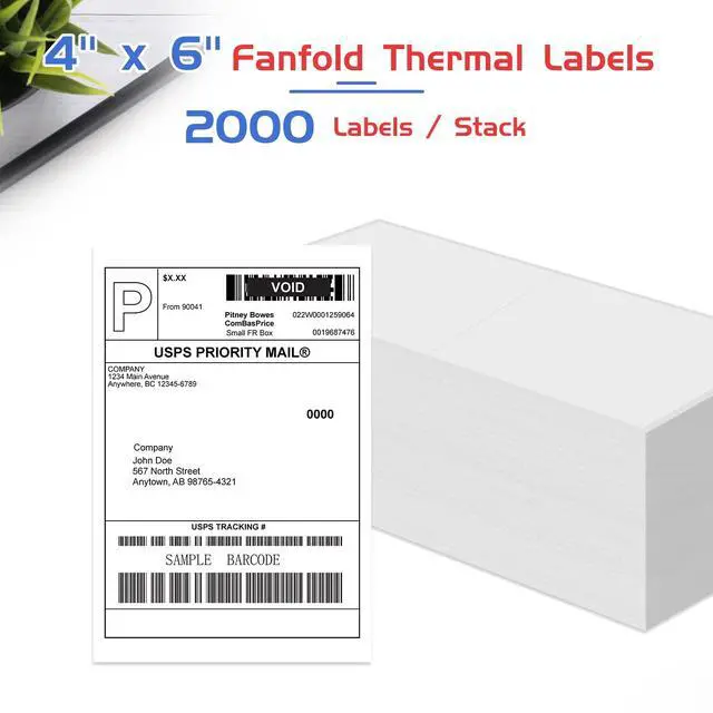 Alt view image 2 of 5 - 4" x 6" Fanfold Direct Thermal Labels - White Shipping Mailing Postage, Perforated, Permanent Adhesive 2000 Per Stack (8 Stacks-16000 Labels)