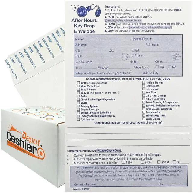 Main image of 2000 Cashier Depot - After Hours Key Drop Envelopes AH69W, 6" x 9", White 28lb Paper, Open End with Peel & Seal Night Drop Service Envelopes for Auto Repair Shops, Garages & Car Dealers, 2000 Count
