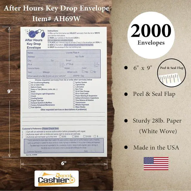 Alt view image 2 of 4 - 2000 Cashier Depot - After Hours Key Drop Envelopes AH69W, 6" x 9", White 28lb Paper, Open End with Peel & Seal Night Drop Service Envelopes for Auto Repair Shops, Garages & Car Dealers, 2000 Count