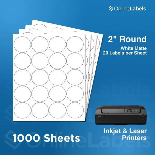 Alt view image 2 of 7 - 2" Round Labels - Permanent Adhesive, White Matte - Great for Candle and Jar Lids, Products, Favor Labels - Pack of 20,000 Circle Stickers, 1,000 Sheets - Inkjet/Laser Printers, OL5375WX, OnlineLabels