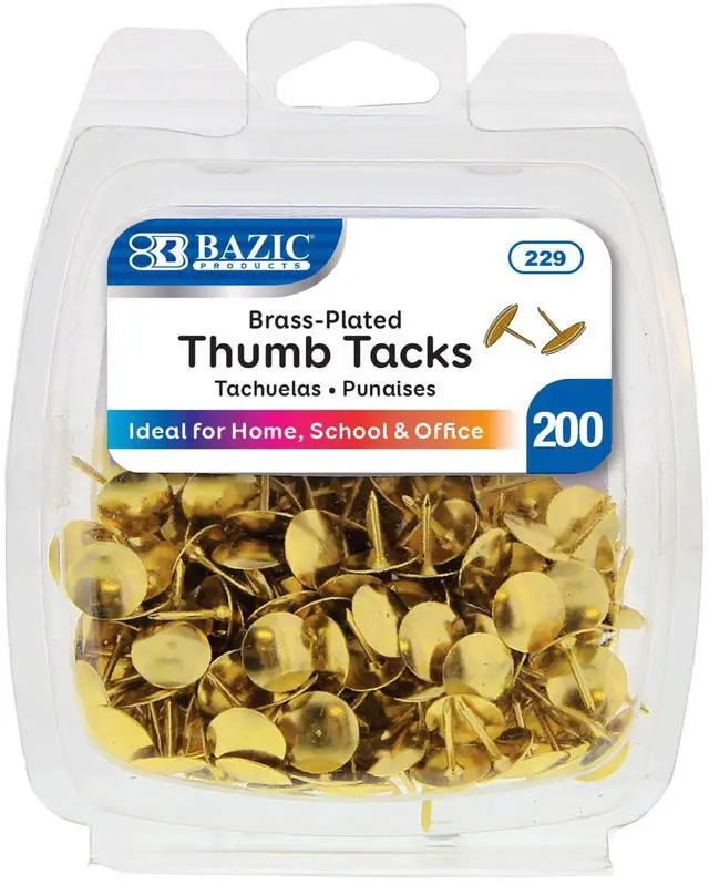 Main image of Thumb Tacks, Brass Gold, 200 Ct, 144-Case | sharp steel points that hold notes, photos, reminders on cork and bulletin boards