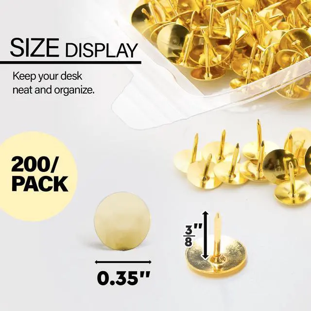Alt view image 2 of 7 - Thumb Tacks, Brass Gold, 200 Ct, 144-Case | sharp steel points that hold notes, photos, reminders on cork and bulletin boards