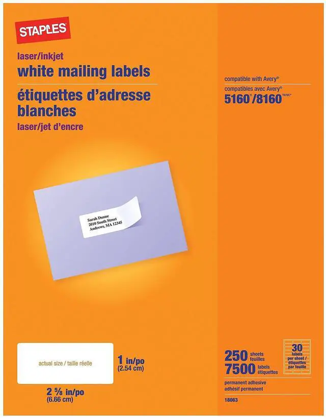 Main image of Laser/Inkjet Address Labels, 1" x 2 5/8", White, 30 Labels/Sheet, 5 Boxes/Case