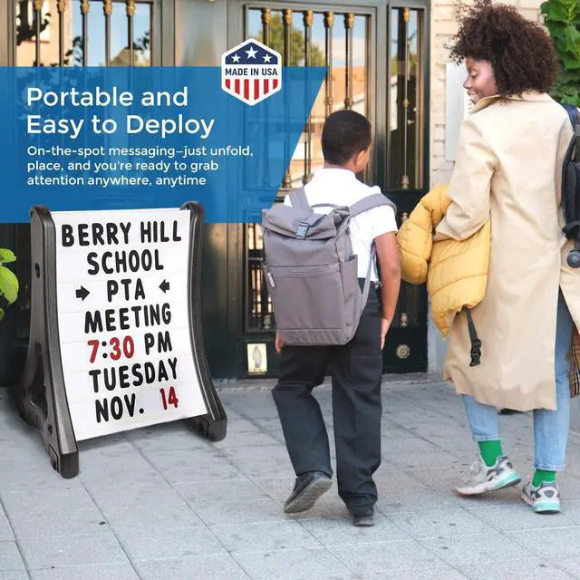 Alt view image 2 of 7 - 24"x36" Changeable Message Board Sidewalk Sign, Standard Portable A-Frame Sign & Letter Kit for Outdoor, Business, Large Black Standing Frame with Wheels, USA-Made