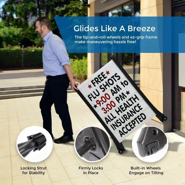 Alt view image 4 of 7 - 24"x36" Changeable Message Board Sidewalk Sign, Standard Portable A-Frame Sign & Letter Kit for Outdoor, Business, Large Black Standing Frame with Wheels, USA-Made