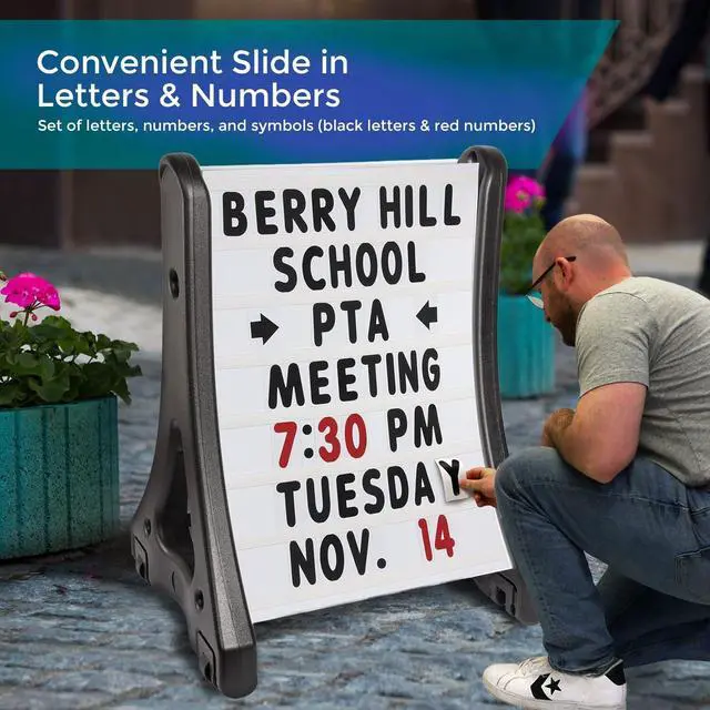 Alt view image 3 of 7 - 24"x36" Changeable Message Board Sidewalk Sign, Standard Portable A-Frame Sign & Letter Kit for Outdoor, Business, Large Black Standing Frame with Wheels, USA-Made