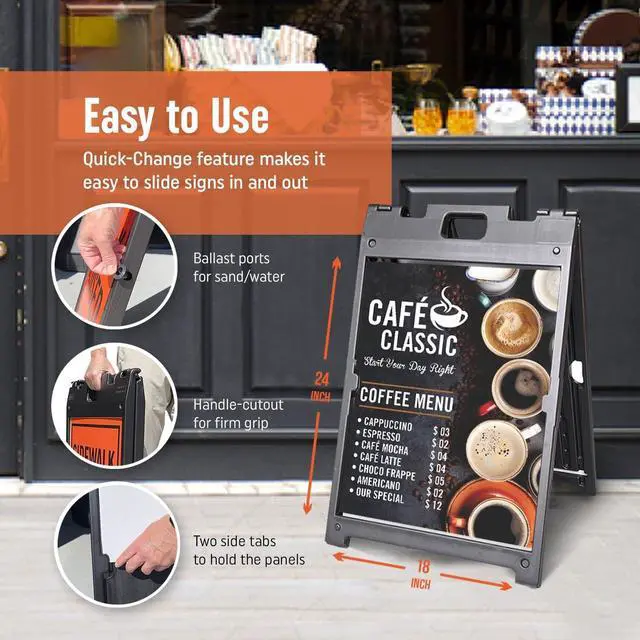 Alt view image 5 of 7 - (Pack of 4) Two-Sided BabyBoss Sidewalk Sign Frame with Slide-In Feature/A-Frame Sandwich Board for 24 x 18 inch Signs, Plastic, Black, Made in USA