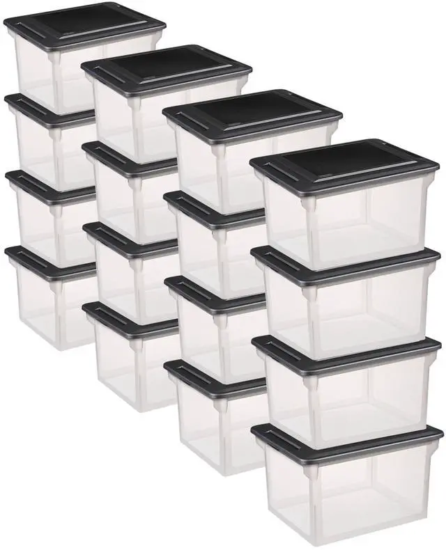 Main image of File Box, Stackable Storage Bin with Lid, Organize Receipts, Bills, Taxes and Papers in the Home, Office, Clear Base with Black Lid, 16-Pack