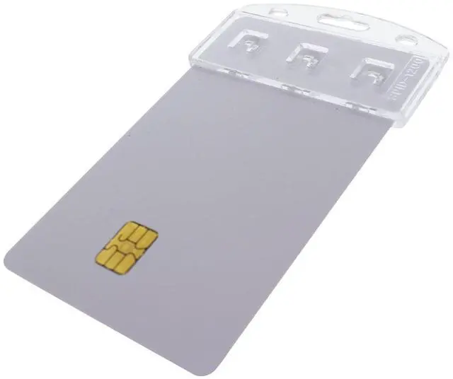 Main image of 100 Pack - Vertical Half Card Badge Holder for Smart Cards (CHIP INSERT) PIV Common Access and Credit Cards - Crystal Clear Hard Polycarbonate Plastic - Heavy Duty Grippers Clamp Tight