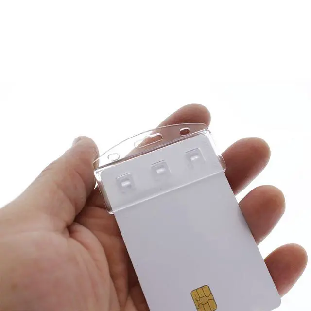 Alt view image 2 of 5 - 100 Pack - Vertical Half Card Badge Holder for Smart Cards (CHIP INSERT) PIV Common Access and Credit Cards - Crystal Clear Hard Polycarbonate Plastic - Heavy Duty Grippers Clamp Tight