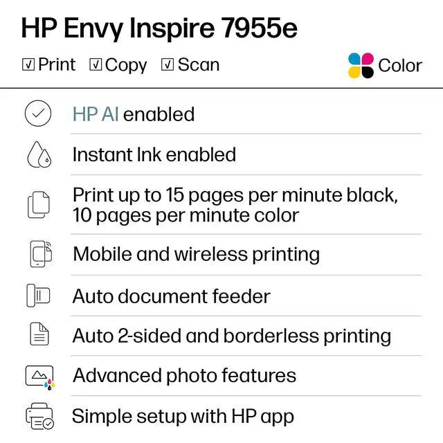 Alt view image 2 of 7 - Envy Inspire 7955e Wireless Color Inkjet Printer, Print, scan, copy, Easy setup, Mobile printing, Best-for-home, 3 month Instant Ink trial included, AI-enabled (1W2Y8A)