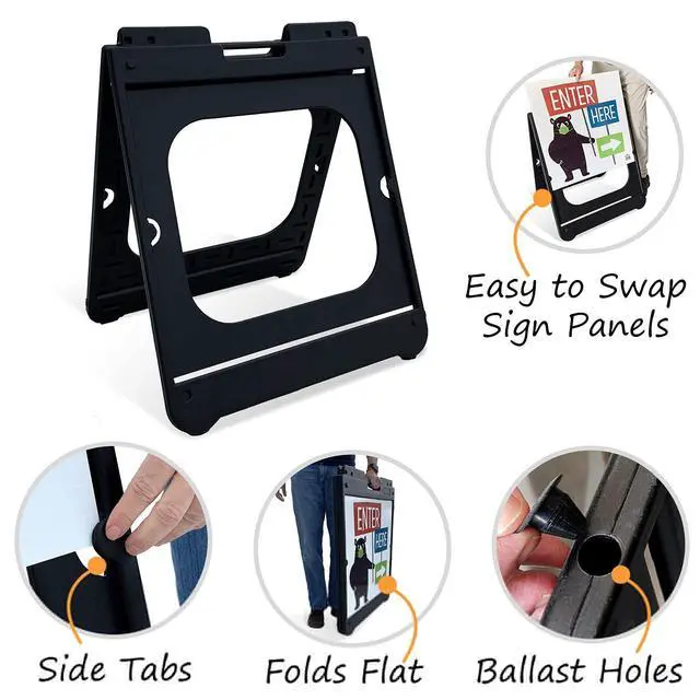 Alt view image 3 of 5 - (Pack of 4 Two-Sided JuniorBoss Sidewalk Sign Frame with Ballast Ports/A-Frame Sandwich Board for 24 x 24 inch Signs, Plastic, Black, Made in USA
