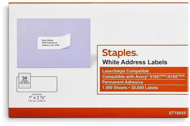 Main image of Address Labels, 1" x 25/8", White, Laser/Inkjet Compatible, EasyPeel, Permanent Adhesive, 30 Labels/Sheet, Bulk 60,000/Carton