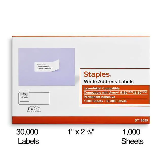 Alt view image 2 of 5 - Address Labels, 1" x 25/8", White, Laser/Inkjet Compatible, EasyPeel, Permanent Adhesive, 30 Labels/Sheet, Bulk 60,000/Carton