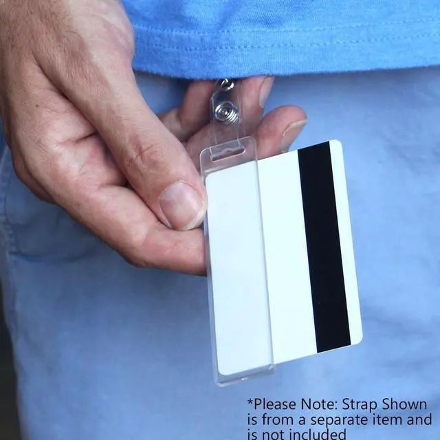Alt view image 6 of 6 - Bulk 100 Pack - Rigid Vertical Half Card Swipe Badge Holder - Hard Plastic Clear Leaves Mag Stripe Exposed for Easy Swiping Access to Magnetic Strips on POS ID's & Credit Cards by