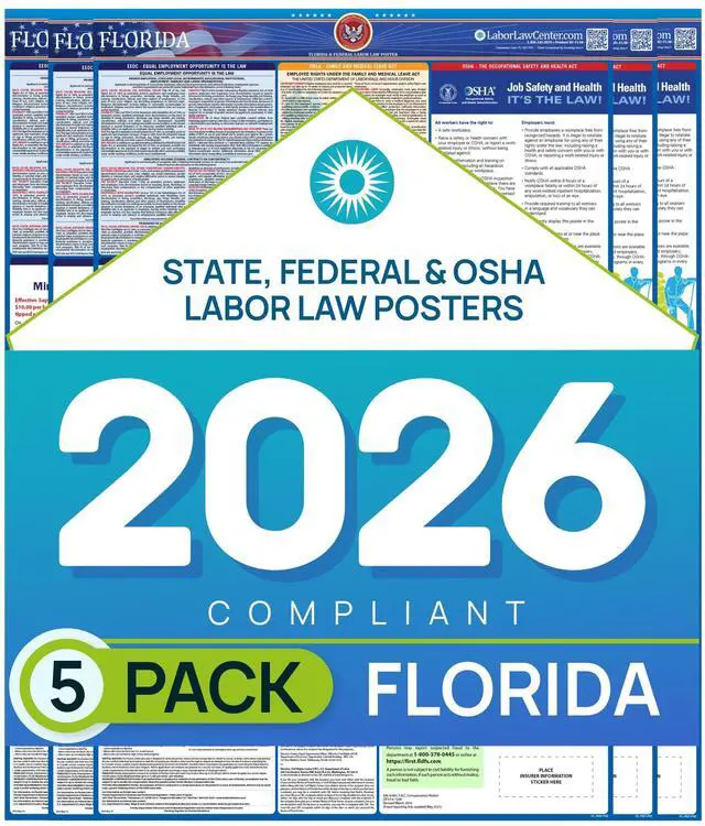 Main image of Florida 2026 Labor Law Poster State & Federal Compliance OSHA, EEOC, FMLA, Minimum Wage Durable, Laminated & Waterproof Workplace Employment Poster Made in USA 26 x 39.5, English, 5-Pack