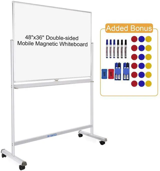 Main image of Rolling Whiteboard with Stand 48"x36" Double-Sided Mobile Magnetic Dry Erase Board on Wheels for Home, Office & School