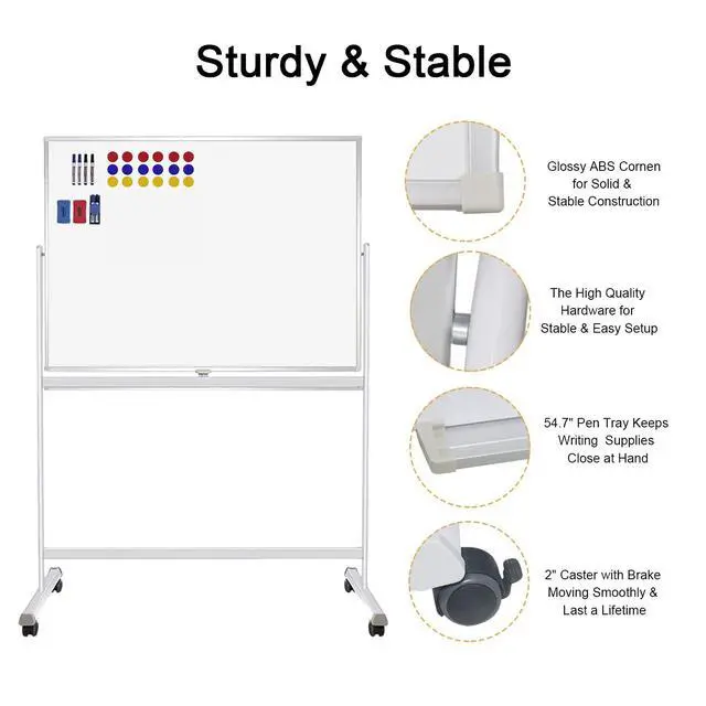 Alt view image 5 of 7 - Rolling Whiteboard with Stand 48"x36" Double-Sided Mobile Magnetic Dry Erase Board on Wheels for Home, Office & School