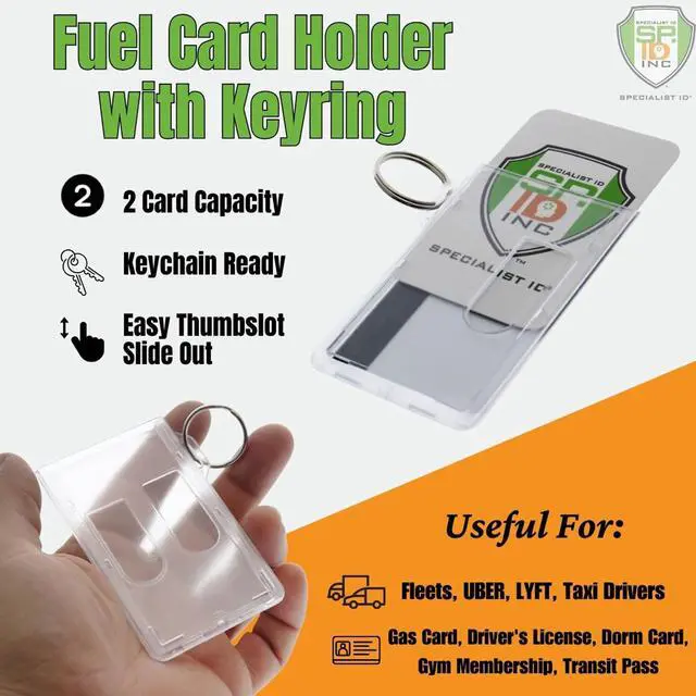 Alt view image 2 of 7 - Bulk 50 Pack Heavy Duty Fuel ID Badge Holders - Holds Two Cards - Clear Rigid Plastic ID Holder Keychain - Attach Keys & Protect License & Credit Card