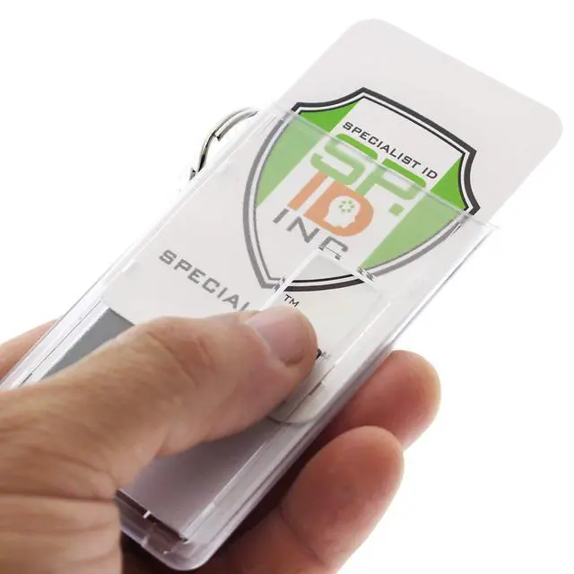 Alt view image 6 of 7 - Bulk 50 Pack Heavy Duty Fuel ID Badge Holders - Holds Two Cards - Clear Rigid Plastic ID Holder Keychain - Attach Keys & Protect License & Credit Card