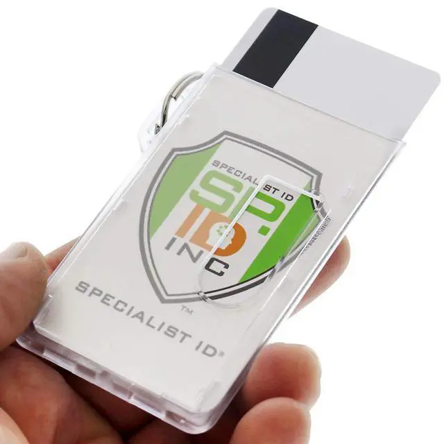 Alt view image 5 of 7 - Bulk 50 Pack Heavy Duty Fuel ID Badge Holders - Holds Two Cards - Clear Rigid Plastic ID Holder Keychain - Attach Keys & Protect License & Credit Card
