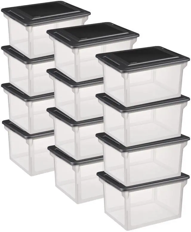 Main image of File Box, Stackable Storage Bin with Lid, Organize Receipts, Bills, Taxes and Papers in the Home, Office, Clear Base with Black Lid, 12-Pack