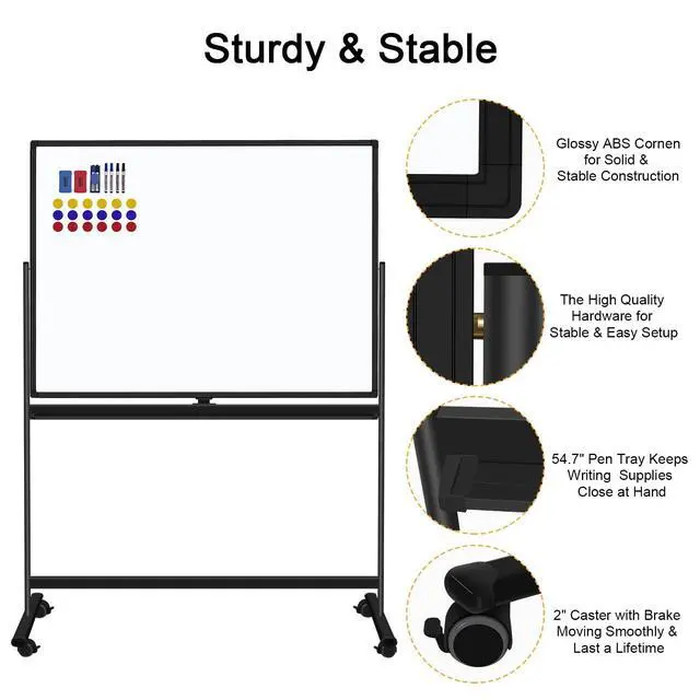 Alt view image 5 of 7 - 48"x36" Mobile Whiteboard Double-Sided Magnetic Dry Erase Board on Wheels - Comercial Rolling White Boards with Sturdy Stand for Home, Office & School