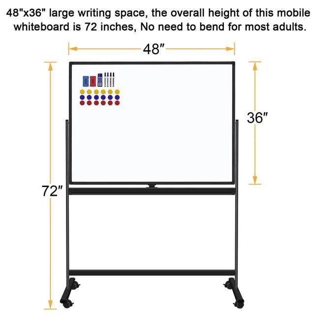 Alt view image 3 of 7 - 48"x36" Mobile Whiteboard Double-Sided Magnetic Dry Erase Board on Wheels - Comercial Rolling White Boards with Sturdy Stand for Home, Office & School