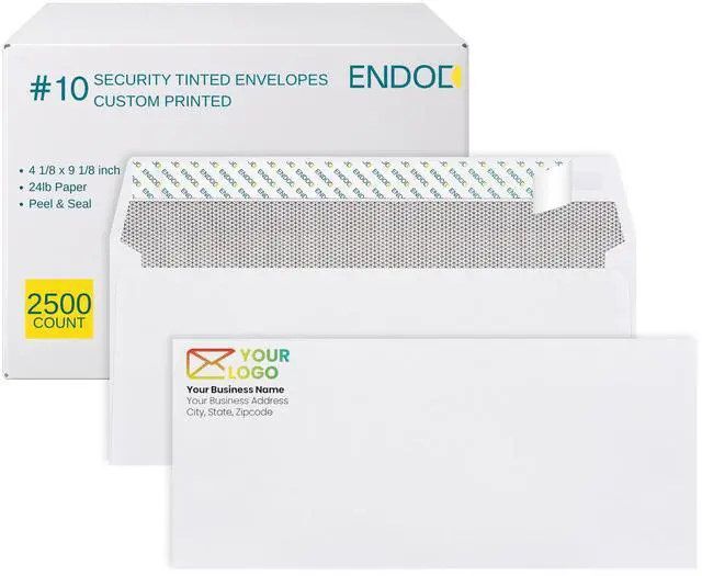 Main image of 2500 pack #10 Customizable Business Envelopes, Peel and Seal Security Tinted White Custom Envelopes with Logo and Text, 24 lb Heavy Duty Paper, 4 1/8 x 9 1/2 Inches