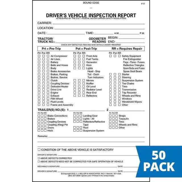 Alt view image 2 of 6 - J. J. Keller Detailed Driver's Vehicle Inspection Report for Pre- & Post-Trip, Book Format with 31 Sets, 2-Ply Carbonless, 5.5" x 8.5", Meet FMCSR Requirements, 50 Pack