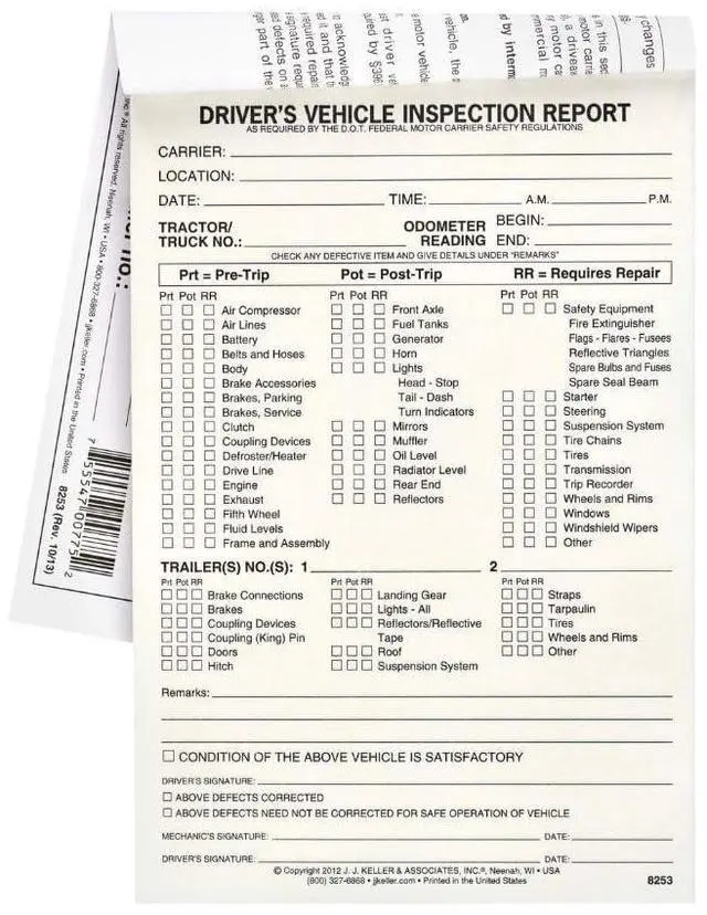 Main image of J. J. Keller Detailed Driver's Vehicle Inspection Report for Pre- & Post-Trip, Book Format with 31 Sets, 2-Ply Carbonless, 5.5" x 8.5", Meet FMCSR Requirements, 50 Pack