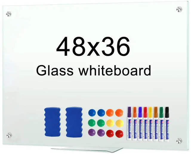 Main image of Dry Erase White Board 48"x36" Glass Magnetic Whiteboard for Wall, Includes 12 Magnets, 8 Markers and 2 Erasers