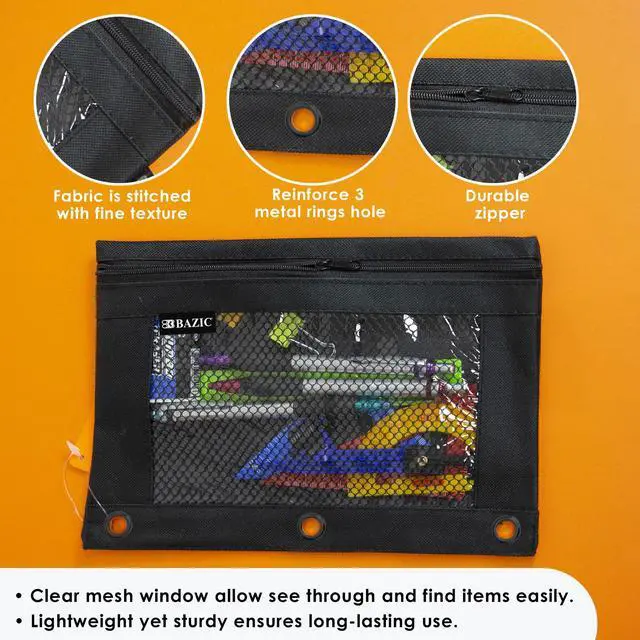 Alt view image 3 of 7 - Black 3-Ring Pencil Pouch with Mesh Window, 144-Case | clear mesh window and a zipper closure for pens, pencils, supplies