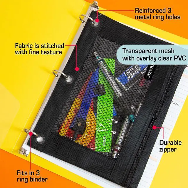 Alt view image 6 of 7 - Black 3-Ring Pencil Pouch with Mesh Window, 144-Case | clear mesh window and a zipper closure for pens, pencils, supplies