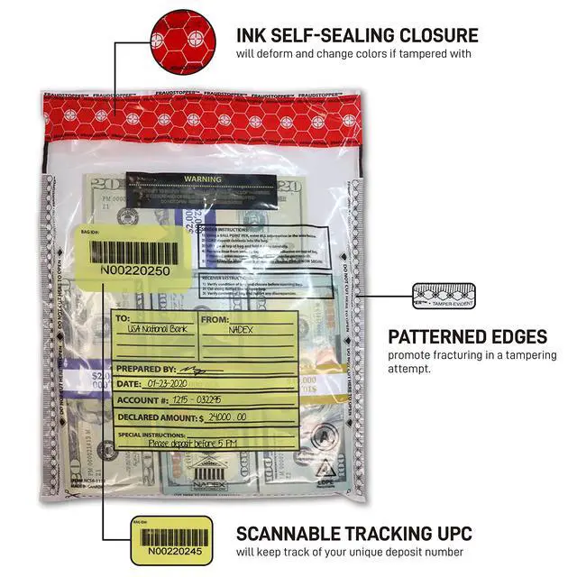 Alt view image 3 of 7 - 9 x 12 Inch Tamper Evident Bank Deposit Bags with FRAUDSTOPPER Level 4 Security, 1000 Pack (Clear)