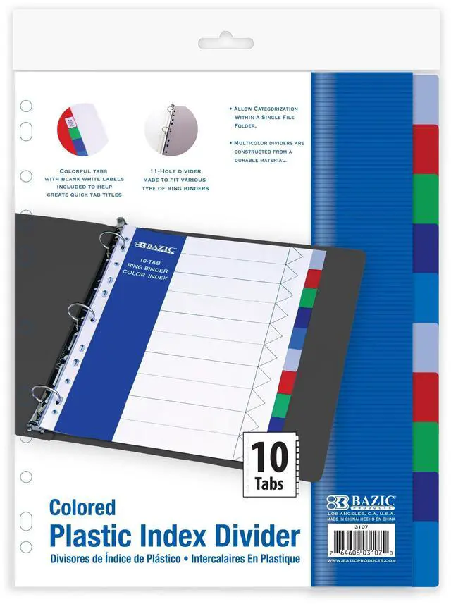 Main image of Binder Dividers, 10 Color Index Tabs, Pre-Printed, 144-Case | 10 multicolor index tabs, reinforced 3-hole edge fits 3-ring binders