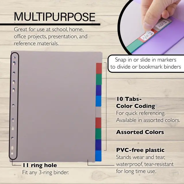 Alt view image 4 of 7 - Binder Dividers, 10 Color Index Tabs, Pre-Printed, 144-Case | 10 multicolor index tabs, reinforced 3-hole edge fits 3-ring binders