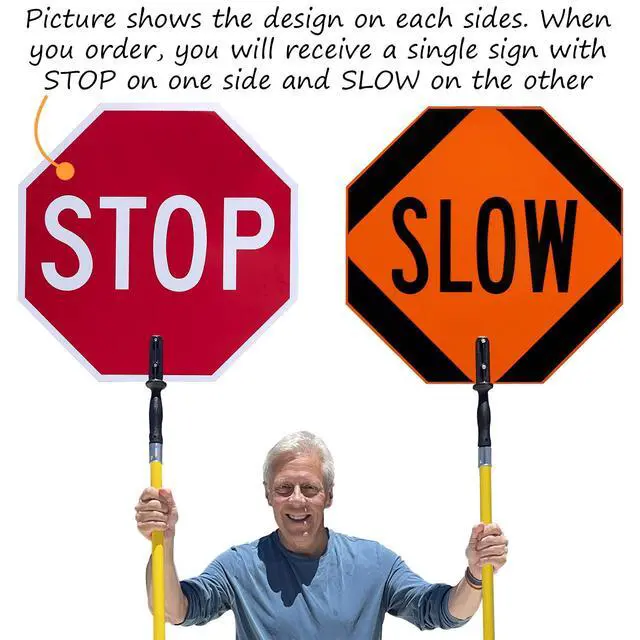 Alt view image 2 of 7 - Stop Slow 2 Sided Crossing Guard Sign | 24" 3M Engineer Grade Reflective Aluminum with 6' Pole
