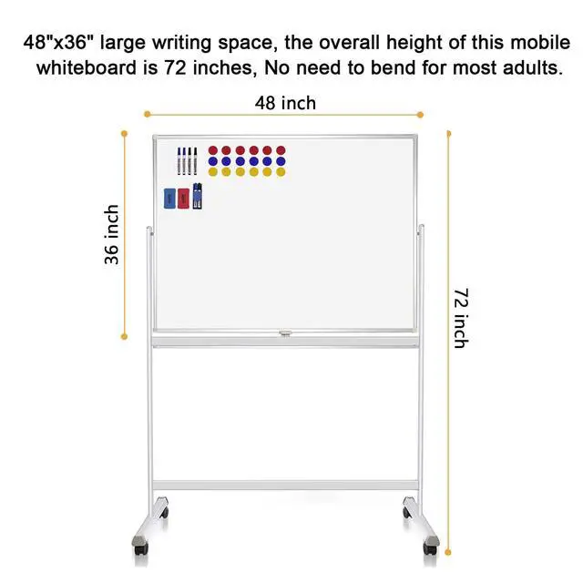 Alt view image 4 of 7 - Rolling Whiteboard with Stand 48"x36" Double-Sided Mobile Magnetic Dry Erase Board on Wheels for Home, Office & School