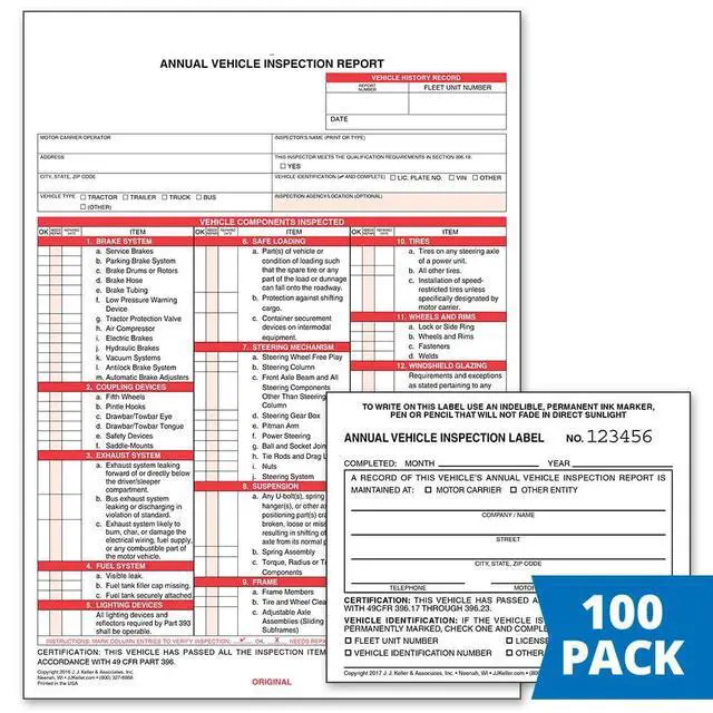 Alt view image 2 of 7 - J. J. Keller 100-Pack, Annual Vehicle Inspection Report Form & Adhesive Vinyl Label 2-Ply, 3-Ply Carbonless Form, Bundle Shrinkwrapped, DOT Compliant