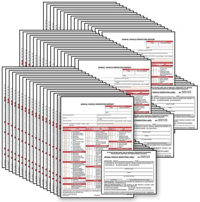 Main image of J. J. Keller 100-Pack, Annual Vehicle Inspection Report Form & Adhesive Vinyl Label 2-Ply, 3-Ply Carbonless Form, Bundle Shrinkwrapped, DOT Compliant