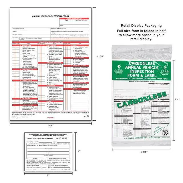 Alt view image 3 of 7 - J. J. Keller 100-Pack, Annual Vehicle Inspection Report Form & Adhesive Vinyl Label 2-Ply, 3-Ply Carbonless Form, Bundle Shrinkwrapped, DOT Compliant