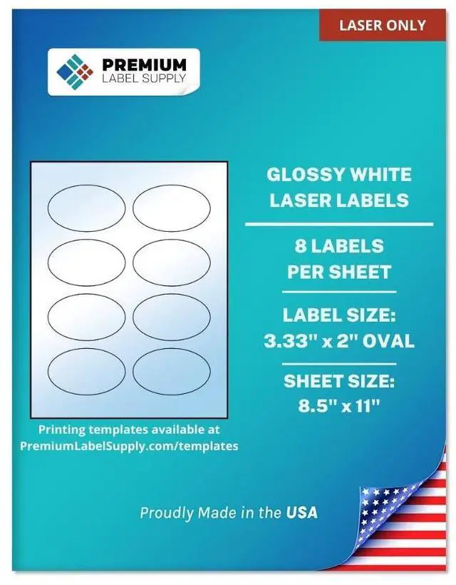 Main image of Glossy White Oval Sticker Labels 3.33" x 2" Oval (8 per Sheet) (Glossy White for Laser Only, 4,000 Labels)
