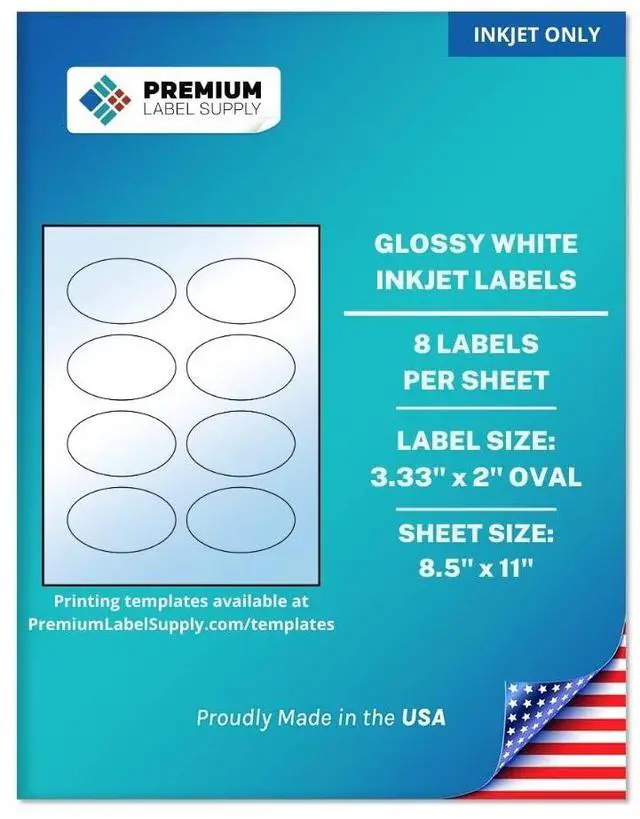 Main image of Glossy White Oval Sticker Labels 3.33" x 2" Oval (8 per Sheet) (Glossy White for Inkjet Only, 4,000 Labels)