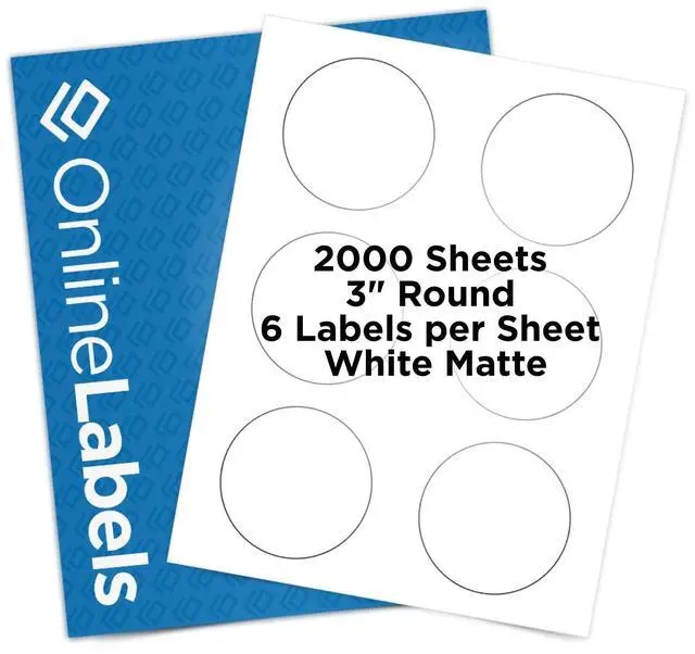 Main image of 3 Inch Round Labels - Pack of 12,000 Circle Stickers, 2,000 Sheets - Inkjet/Laser Printer