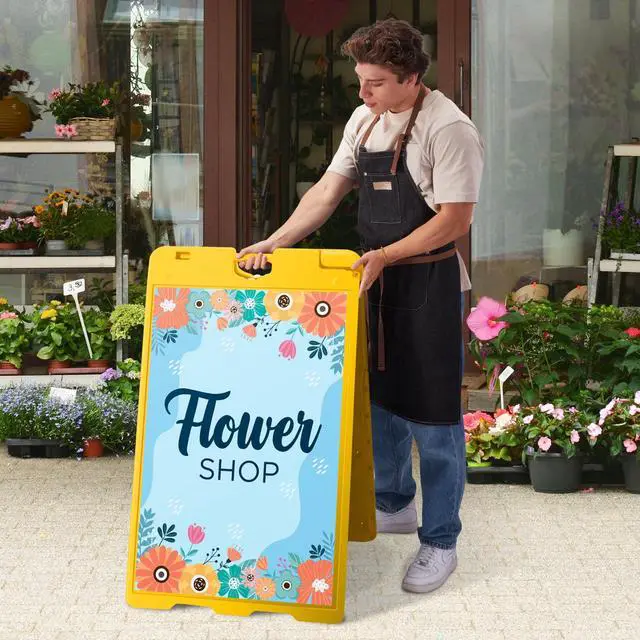 Alt view image 2 of 7 - Outdoor A-Frame Sandwich Signboard 24 x 36 Display Surface w/PVC Sign Protector & Sand Fill Holes Duel Display Signage Stand for Storefront Sidewalk Curb (Yellow)