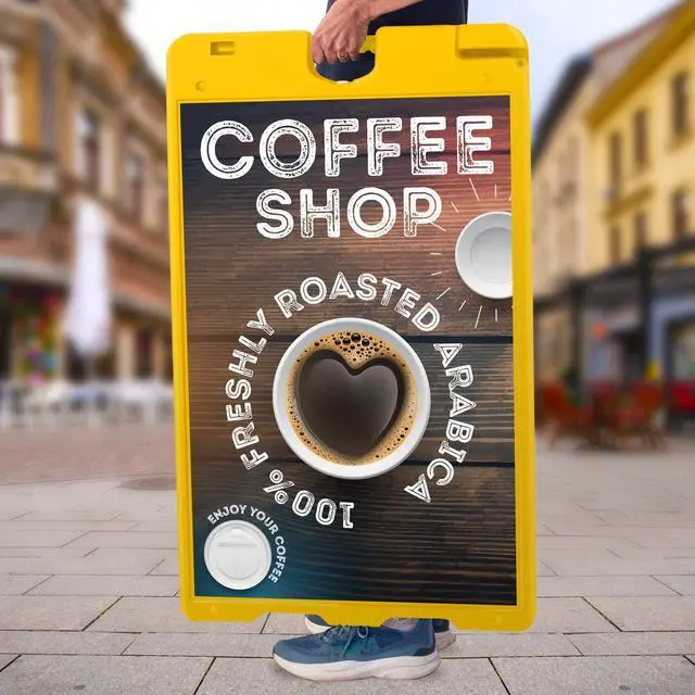 Alt view image 5 of 7 - Outdoor A-Frame Sandwich Signboard 24 x 36 Display Surface w/PVC Sign Protector & Sand Fill Holes Duel Display Signage Stand for Storefront Sidewalk Curb (Yellow)
