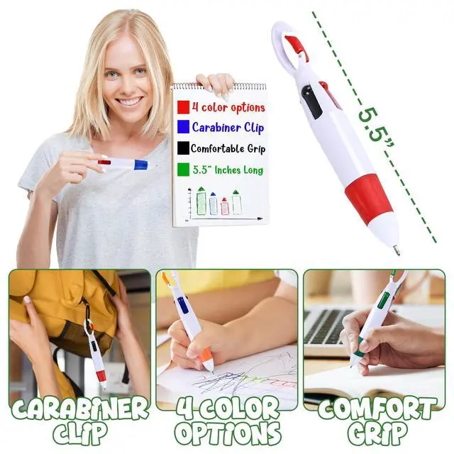 Alt view image 2 of 6 - Retractable Shuttle Pens with Carabiner Clip - Pack of 576 Bulk Mini 4-in-1 Multi-Colored Ink Ballpoint Pens with Keychain for Adults, Kids, Nurses, School, Stocking Stuffer Gifts, Party Favors