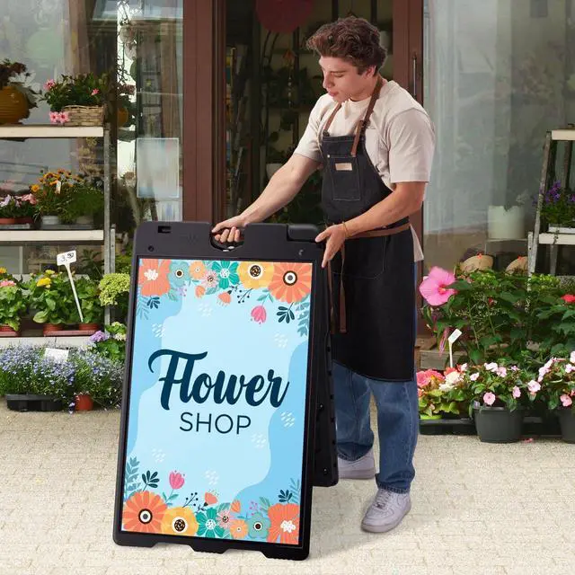 Alt view image 2 of 7 - Outdoor A-Frame Sandwich Signboard 24 x 36 Display Surface w/PVC Sign Protector & Sand Fill Holes Duel Display Signage Stand for Storefront Sidewalk Curb (Black)