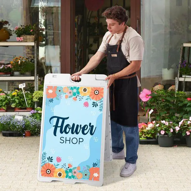 Alt view image 2 of 7 - Outdoor A-Frame Sandwich Signboard 24 x 36 Display Surface w/PVC Sign Protector & Sand Fill Holes Duel Display Signage Stand for Storefront Sidewalk Curb (White)